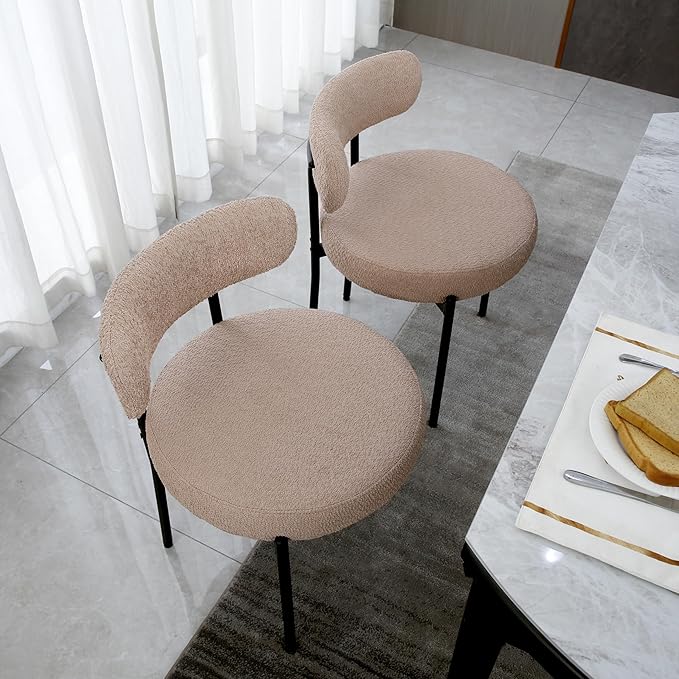 Light Brown Dining Chairs Set of 2 Round Upholstered Boucle Dining Room Chairs Mid-Century Modern Kitchen Chairs Curved Backrest Chairs for Dining Room Black Metal Legs - LeafyLoom