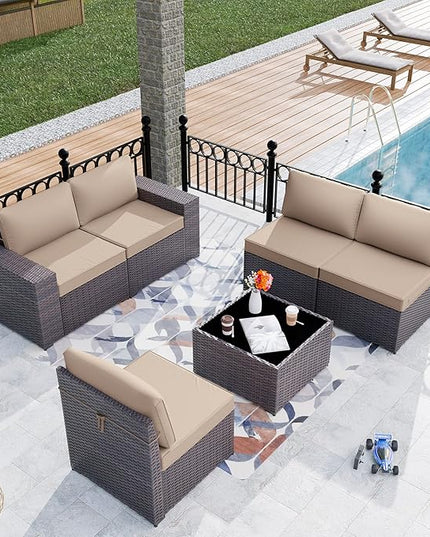 Patio Furniture Set Sofa 6-Piece Wicker Sectional Sofa Set, Outdoor Furniture Rattan Patio Sofa Conversation Set with Thickened Cushions and Glass Coffee Table, Sand - LeafyLoom