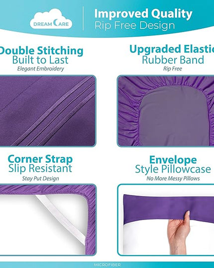 DREAMCARE Full Size Sheets - Cooling Bed Sheets - 4pcs Set - up to 15" Deep Pocket Full Sheet Set - Sheets Full Size Bed - Soft & Long Lasting 100% Fine Brushed Polyester with Side Pocket - Purple - LeafyLoom