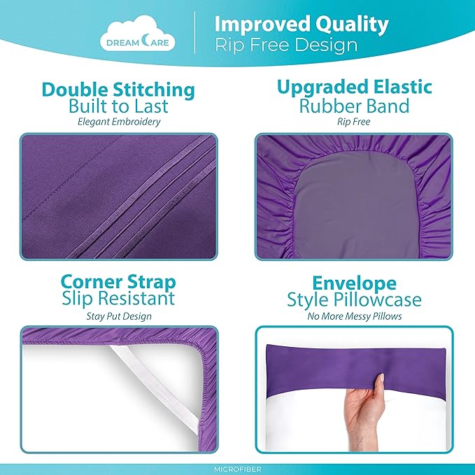 DREAMCARE Full Size Sheets - Cooling Bed Sheets - 4pcs Set - up to 15" Deep Pocket Full Sheet Set - Sheets Full Size Bed - Soft & Long Lasting 100% Fine Brushed Polyester with Side Pocket - Purple - LeafyLoom
