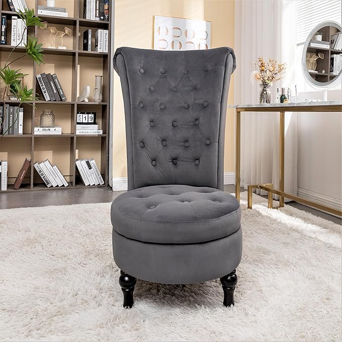 Royal Velvet Accent Chair for Vanity with Storage and Luxurious Upholstery, Retro Design and Versatile Usage for Living Room, Bedroom, Lounge and Office, Grey - LeafyLoom