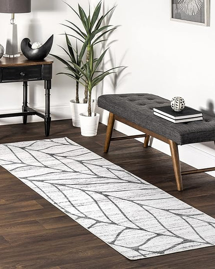nuLOOM Lanette Abstract Leaves Machine Washable Ultra Thin Runner Rug, 2' 6" x 8', Light Grey - LeafyLoom
