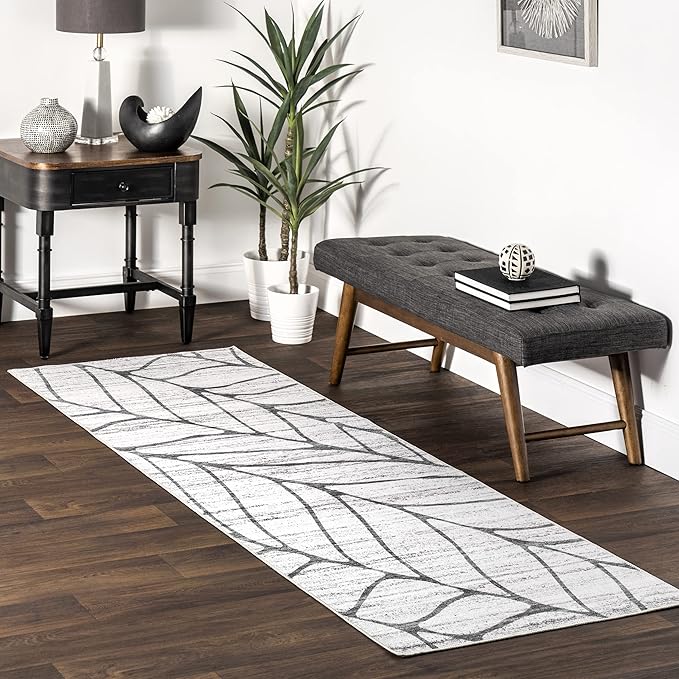 nuLOOM Lanette Abstract Leaves Machine Washable Ultra Thin Runner Rug, 2' 6" x 8', Light Grey - LeafyLoom