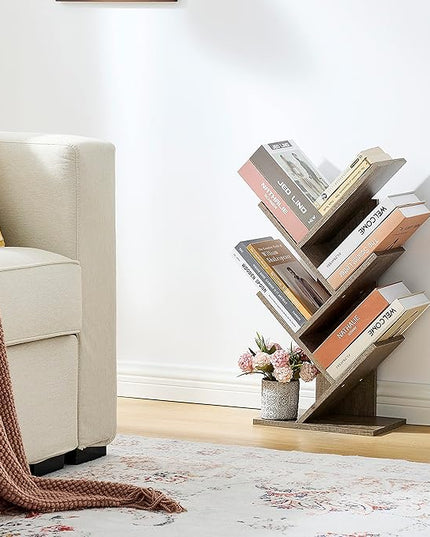 Hoctieon 4 Tier Tree Bookshelf, 4 Shelf Bookcase, Modern Book Storage, Free Standing Tree Bookcase, Utility Organizer Shelves for Home Office, Living Room, Bedroom, Greige - LeafyLoom