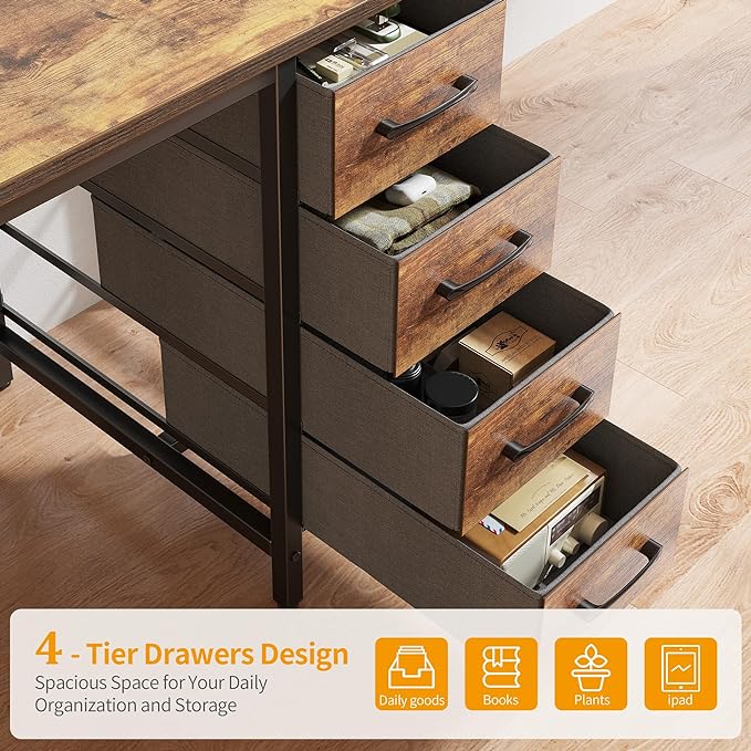 CubiCubi 47 Inch Computer Desk with 4 Drawers, Home Office Small Desk with Storage, Modern Study Writing Desk, Rustic Brown - LeafyLoom