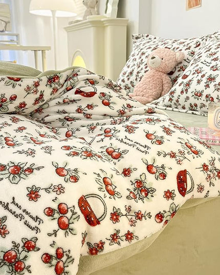MorroMorn Queen Duvet Cover, Red Cherries Floral Bedding Sets, Plush Fluffy Comforter Covers Set, Down Alternative Blanket Ultra Soft Kawaii Cute for Girls Kids Teen Women Full Double Size - LeafyLoom