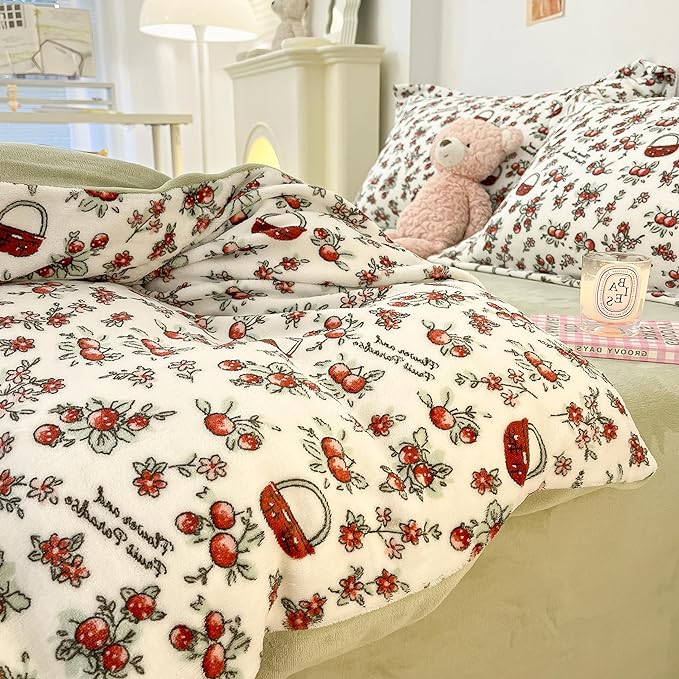 MorroMorn Queen Duvet Cover, Red Cherries Floral Bedding Sets, Plush Fluffy Comforter Covers Set, Down Alternative Blanket Ultra Soft Kawaii Cute for Girls Kids Teen Women Full Double Size - LeafyLoom