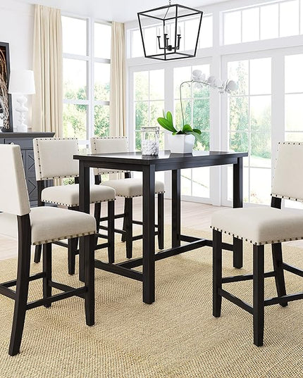 Rustic Style Wooden Counter Height 4 Upholstered Chairs, Long-Lasting Solid Rubber Rectangular Room, Kitchen, Small Place, 5 Piece Dining Table Set, Espresso 36 - LeafyLoom