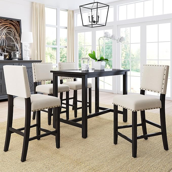 Rustic Style Wooden Counter Height 4 Upholstered Chairs, Long-Lasting Solid Rubber Rectangular Room, Kitchen, Small Place, 5 Piece Dining Table Set, Espresso 36 - LeafyLoom
