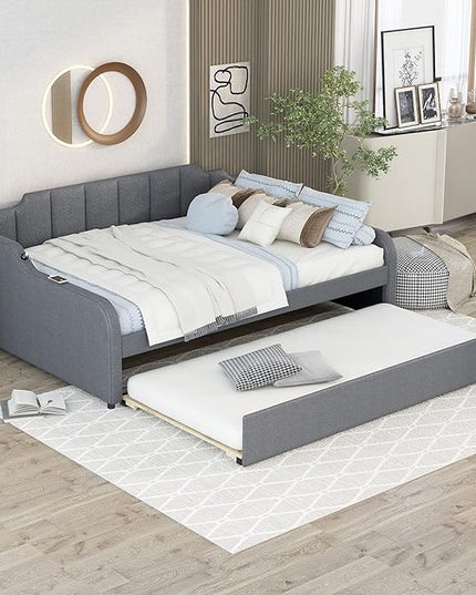Full Size Daybed Frame with Pop up Trundle,Upholstered Day Bed with Charging Station,Daybed with Trundle Bed Full,Wood Sofa Bed Frame with USB for Bedroom, Living Room,Guest,Office,Full,Gray - LeafyLoom