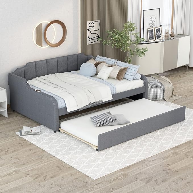 Full Size Daybed Frame with Pop up Trundle,Upholstered Day Bed with Charging Station,Daybed with Trundle Bed Full,Wood Sofa Bed Frame with USB for Bedroom, Living Room,Guest,Office,Full,Gray - LeafyLoom