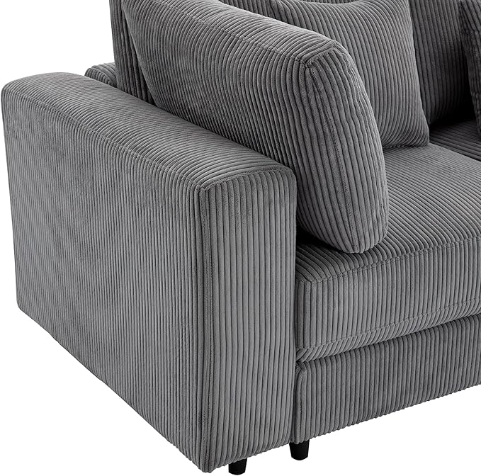 Morden Soft Corduroy Upholstered 3 Seater Sofa Couch with Removable Back Cushions and 5 Pillows for Living Room, Apartment, Office, 105", Gray-403 - LeafyLoom