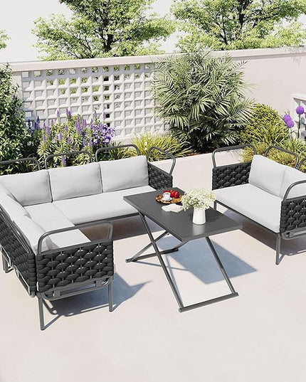5-Piece Outdoor Patio Sectional L-shaped Sofa Set, Woven Rope Conversation Furniture with Loveseat, Corner Couch, Glass Coffee Table and Removable Cushions, Onesize, Black+Gray - LeafyLoom