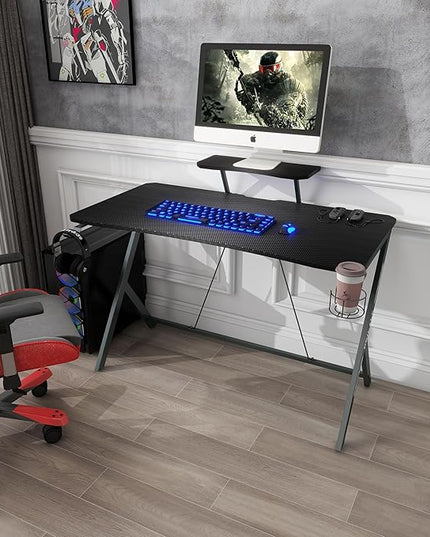 45IN Gaming Desk Gamer Table Carbon Fiber Surface Computer Table Gamer Desk with Monitor Shelf Office Home Study Desk Work PC Table Steel Legs Corner Desk Black - LeafyLoom