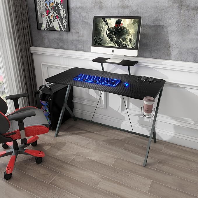 45IN Gaming Desk Gamer Table Carbon Fiber Surface Computer Table Gamer Desk with Monitor Shelf Office Home Study Desk Work PC Table Steel Legs Corner Desk Black - LeafyLoom