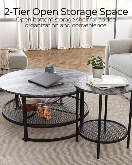 LINSY Home Round Coffee Table Set of 2 for Living Room, Grey Coffee Table with Open Storage,Wood Surface Top & Sturdy Metal Legs Large Circle Coffee Table for Industrial or Modern Design Home - LeafyLoom