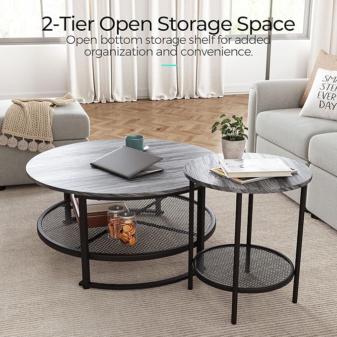 LINSY Home Round Coffee Table Set of 2 for Living Room, Grey Coffee Table with Open Storage,Wood Surface Top & Sturdy Metal Legs Large Circle Coffee Table for Industrial or Modern Design Home - LeafyLoom