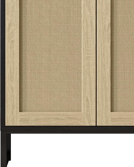 Panana Rattan Decorated 2 Doors Storage Cabinet Accent Cabinet Living Room Cupboard Kitchen Sideboard Buffet Table (Black Cabinet) - LeafyLoom