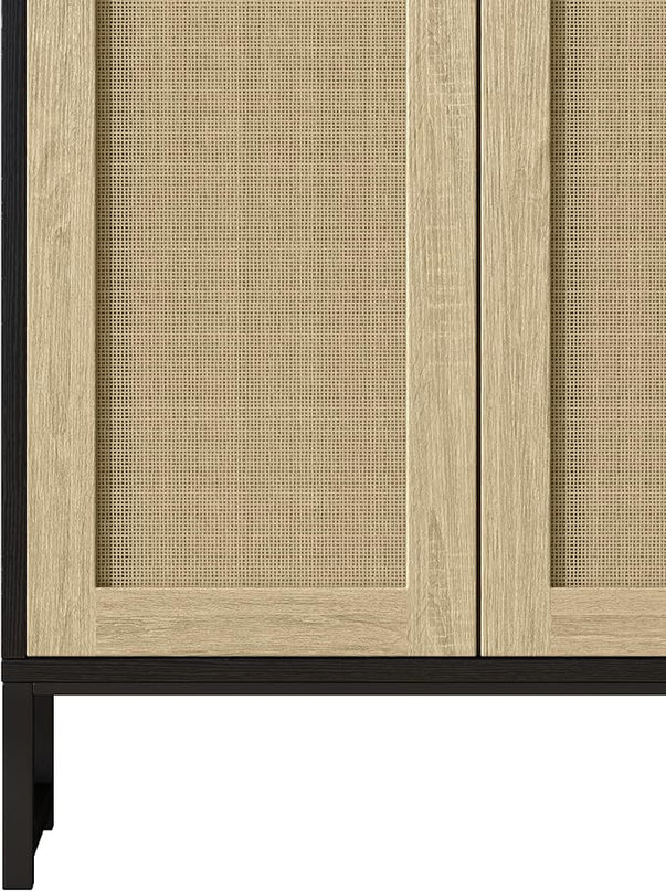 Panana Rattan Decorated 2 Doors Storage Cabinet Accent Cabinet Living Room Cupboard Kitchen Sideboard Buffet Table (Black Cabinet) - LeafyLoom