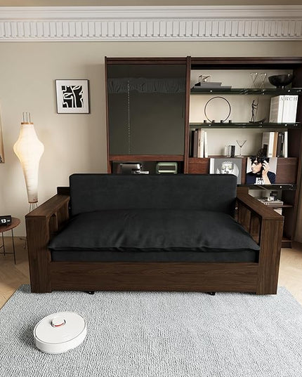 52" 3 in 1 Loveseat Futon Sofa Couch of Mordern Velvet w/Pullout, Small Love Seat Lounge Sleeper w/Convertible Office Desk for Living Room Bed, 52inch, Black - LeafyLoom
