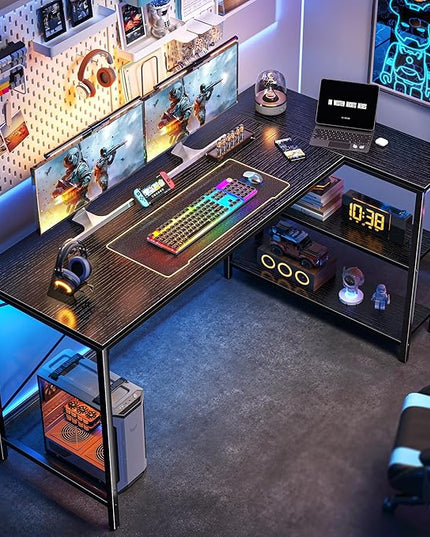 L Shaped Desk, 55 Inches Computer Desk with Reversible Storage Shelves, Gaming Desk, Corner Desk Home Office Desks, Writing Desk Study Desk with Metal Frame, Black - LeafyLoom