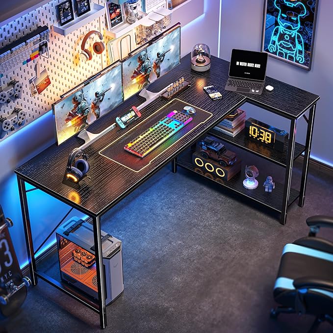 L Shaped Desk, 55 Inches Computer Desk with Reversible Storage Shelves, Gaming Desk, Corner Desk Home Office Desks, Writing Desk Study Desk with Metal Frame, Black - LeafyLoom