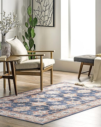 nuLOOM Finley Machine Washable Vintage Distressed Ultra Thin Area Rug, 3' x 5', Navy - LeafyLoom