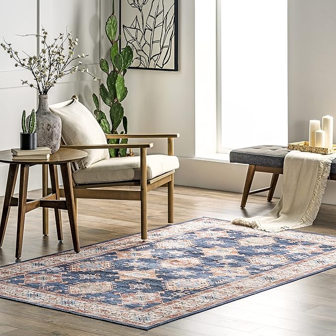nuLOOM Finley Machine Washable Vintage Distressed Ultra Thin Area Rug, 3' x 5', Navy - LeafyLoom