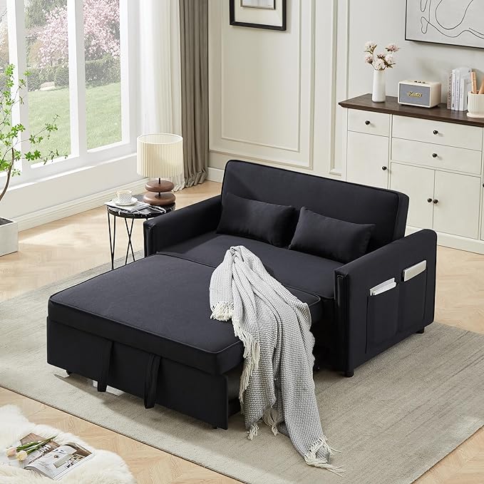 3-in-1 Linen Upholstered Sofabed Tufted Futon Loveseat Sofa Convertible Sleeper Couch Bed with Reclining Backrest and 2 Lumbar Pillows,Modern 2-Seaters Love Seat Daybed for Living Room - LeafyLoom