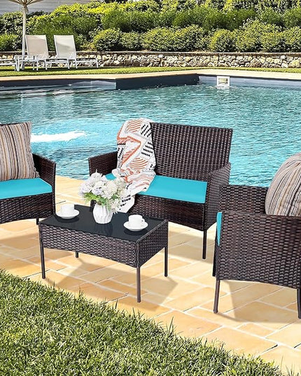 Patio Furniture Set 4 Pieces Conversation Sets Outdoor Wicker Rattan Chairs Garden Backyard Balcony Porch Poolside Loveseat with Soft Cushion and Tempered Glass Table(Brown/Blue) - LeafyLoom