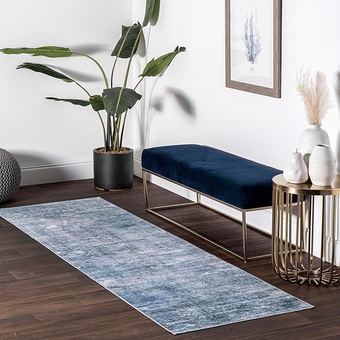 nuLOOM Katia Modern Abstract Machine Washable Ultra Thin Runner Rug, 2' 6" x 8', Blue - LeafyLoom