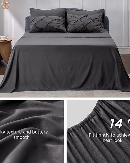 Bedsure King Size Comforter Set - Bedding Set King 7 Pieces, Pintuck Bed in a Bag Dark Grey Bed Set with Comforter, Sheets, Pillowcases & Shams - LeafyLoom