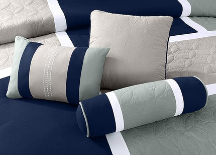 Chezmoi Collection Upland 7-Piece Quilted Patchwork Comforter Set, Navy/Blue/Gray, California King - LeafyLoom