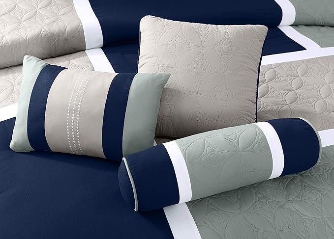 Chezmoi Collection Upland 7-Piece Quilted Patchwork Comforter Set, Navy/Blue/Gray, California King - LeafyLoom