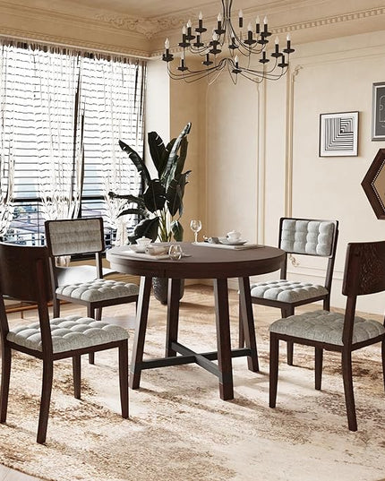 Rustic 42inch Round Dining Table Set for 4 with Cross Legs and Upholstered Chairs for Small Places, Espresso - LeafyLoom