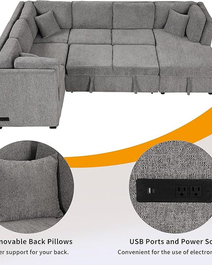 U Shaped Reversible Pull Out Sleeper Sectional Sofa Convertible Corner Couch Bed with Storage Chaise Lounge , 6 Seater Chenille Upholstered Sofa&Couch wth USB Ports, 2 Power Sockets for Living Room - LeafyLoom