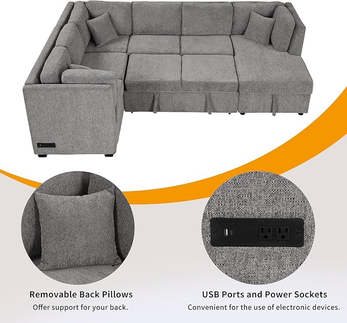 U Shaped Reversible Pull Out Sleeper Sectional Sofa Convertible Corner Couch Bed with Storage Chaise Lounge , 6 Seater Chenille Upholstered Sofa&Couch wth USB Ports, 2 Power Sockets for Living Room - LeafyLoom