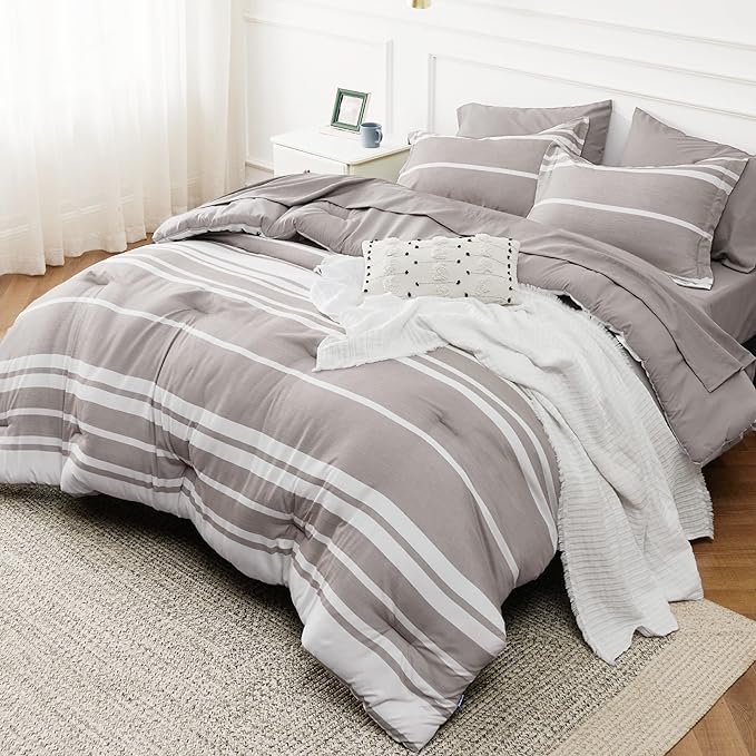 Bedsure Bed in a Bag King 7 Pieces, Warm Taupe White Striped Bedding Comforter Sets All Season Bed Set, 2 Pillow Shams, Flat Sheet, Fitted Sheet and 2 Pillowcases - LeafyLoom