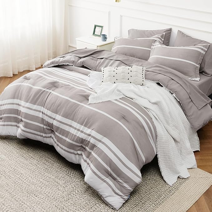 Bedsure Full Size Bedding Sets 7 Pieces, Warm Taupe White Striped Bedding Comforter Sets All Season Bed Set, 2 Pillow Shams, Flat Sheet, Fitted Sheet and 2 Pillowcases - LeafyLoom