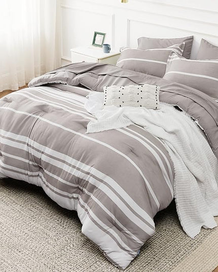 Bedsure California King Comforter Set 7 Pieces, Warm Taupe White Striped Bedding Comforter Sets All Season Bed Set, 2 Pillow Shams, Flat Sheet, Fitted Sheet and 2 Pillowcases - LeafyLoom