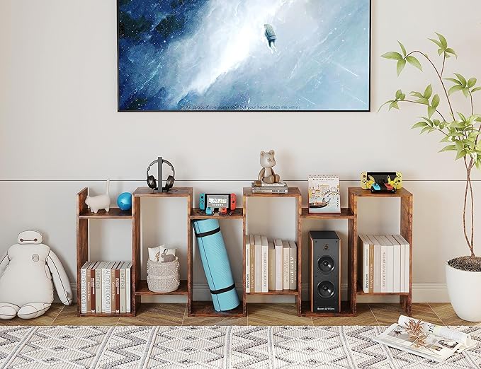 Yusong Geometric Bookcase, Bookshelf 6-Tier S Shaped Book Shelves for Bedroom, Modern Wood Decorative Display Shelf Tall Book Case for Home Office, Rustic Brown - LeafyLoom