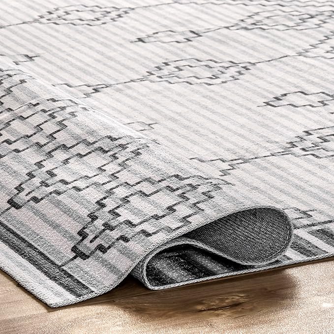 nuLOOM Bonny Diamond Striped Machine Washable Ultra Thin Area Rug, 8' x 10', Ivory - LeafyLoom