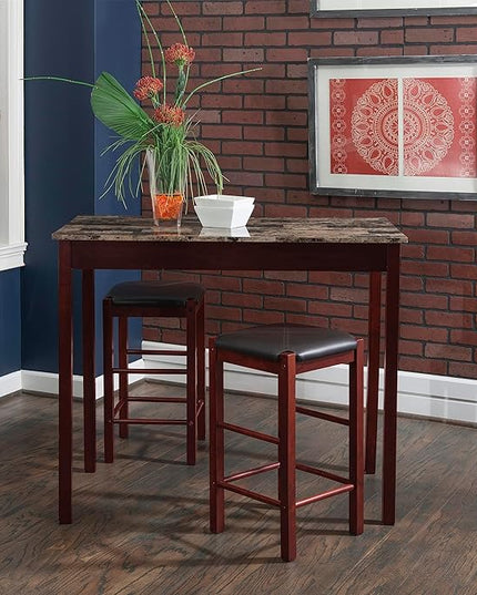Linon Brown 3-Piece Table Faux Marble Tavern Set, 42" w x 22.25" d x 36" h - LeafyLoom