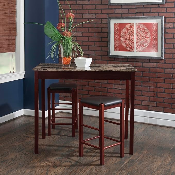 Linon Brown 3-Piece Table Faux Marble Tavern Set, 42" w x 22.25" d x 36" h - LeafyLoom