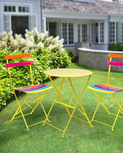 Alpine Corporation MSY114A Rainbow Metal Bistro Set w Two, Table: 24" L x 24" W x 28" H Chair: 16" L 18" W x 32" H - LeafyLoom