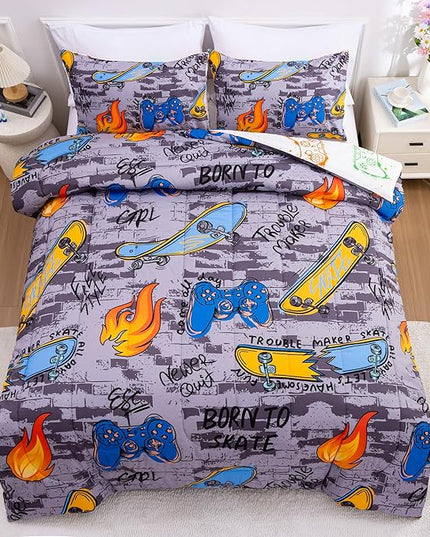 Btargot Gaming Stone Pattern Comforter Set for Boys Girls Kids, 3 Pieces Reversible Skateboard Game Console Flame Painting Bedding Set, Grey Twin - LeafyLoom