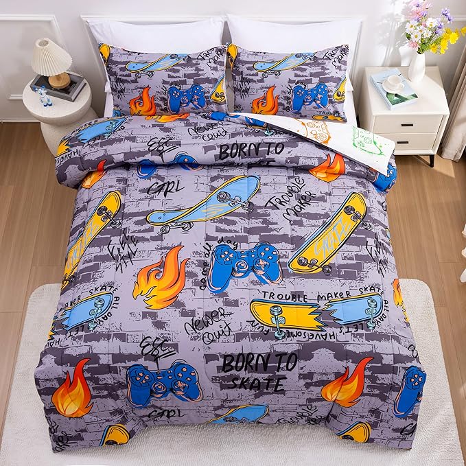 Btargot Gaming Stone Pattern Comforter Set for Boys Girls Kids, 3 Pieces Reversible Skateboard Game Console Flame Painting Bedding Set, Grey Full - LeafyLoom