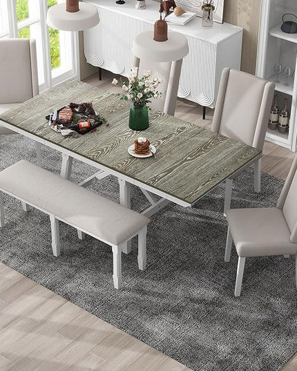 Farmhouse 6-Piece Dining Set, Included Solid Wood Rectangular Extendable Table with Two 12" W Removable Leaves and 4 Upholstered Chairs & a Bench, Home Kitchen Furniture, Brown+White-1 - LeafyLoom
