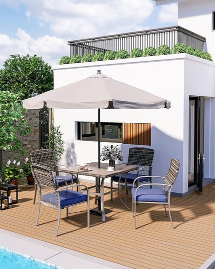Pamapic Patio Table and Chairs Set, All-Weather Rattan Outdoor Table and Chairs with Removable Waterproof Cushions, Plastic-Wood Patio Dining Set for 4 with Umbrella Hole(Blue) - LeafyLoom
