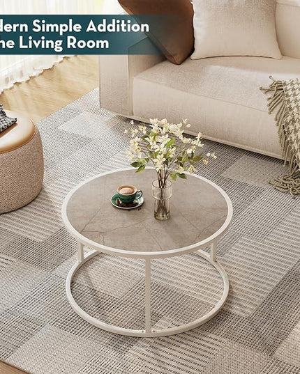 SAYGOER Marble Coffee Table Small Round Center Table Simple Modern Boho for Living Room Home Office, 27.6 * 27.6 * 17.7, Easy Assembly, Cream White Faux Marble - LeafyLoom